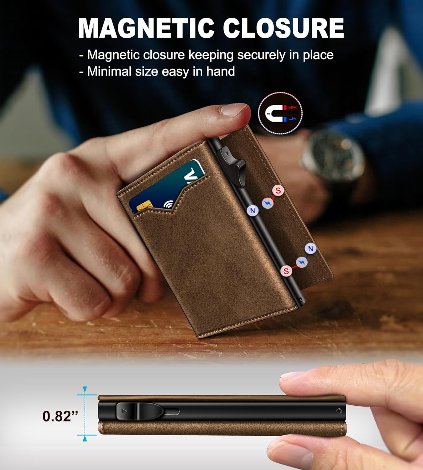 Wallet for Men,with Cash Pocket 2 ID Window 9-13 Cards,Metal Case Smart Slim Pop Up Credit Card Holder Flip with Magnetic Closure RFID Blocking Trifold wallet with Gift Box