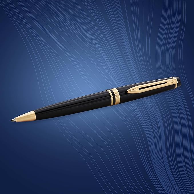 Waterman Expert Ballpoint Pen, Black with Golden Trim, Medium Tip, Blue Ink, Gift Box