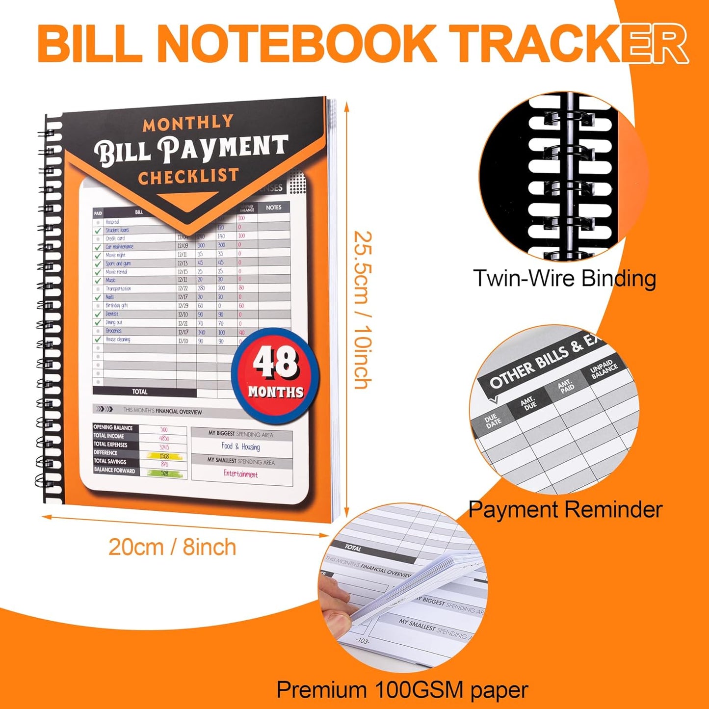 Monthly Bill Payment Checklist: Bill Tracker Notebook With Spiral Binding 8"x10" The 4-Year Guide for Families & Money Managers, 960 Billing Records Included (Gold)