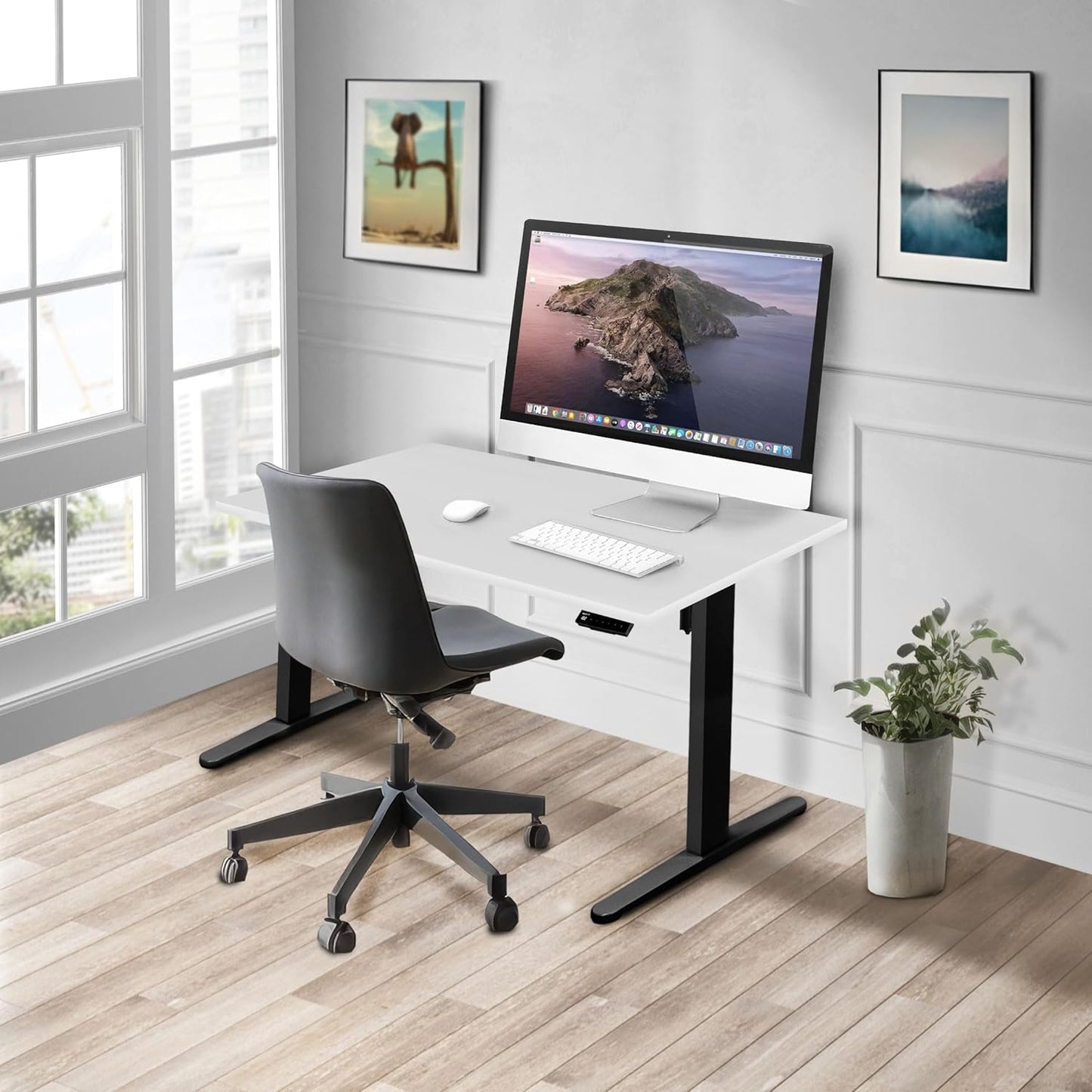 Mount-It! Motorized Sit Stand Adjustable Height Desk Frame with 48" Tabletop - Ergonomic Single Motor Adjustable Standing Height Table, Desktop Rising Up to 47.2" Memory Control, White Black Leg Desk