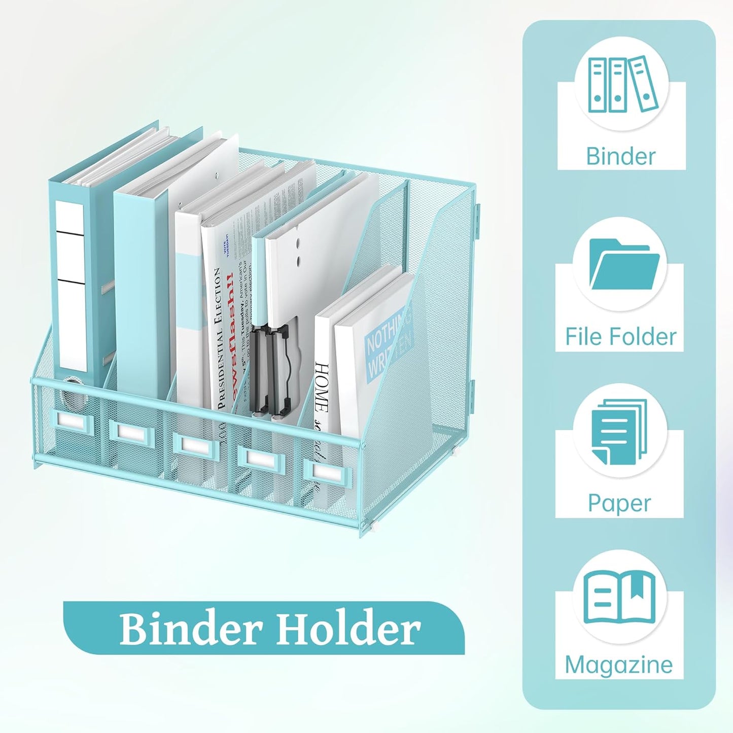 SUPEASY Desk Organizers Metal Desk Magazine File Holder with 5 Vertical Compartments Rack File Organizer for Office Desktop, Home Workspace, Blue Plus