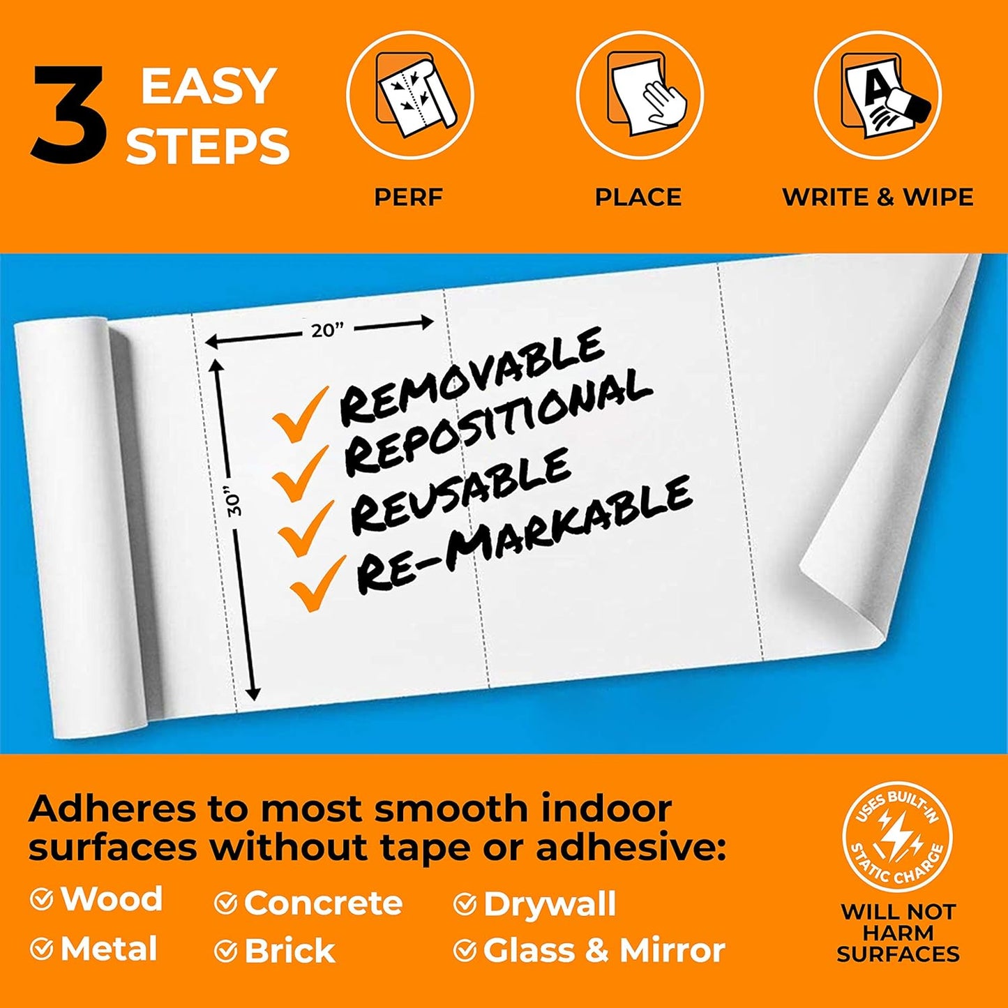 Clingers Instant Whiteboards - Repositional Dry Erase Sheets, 40 Whiteboards per Roll, 20x30 Inch, Removable & Recyclable Cling-rite Rolls for School, Office Decor, and Art Projects - American Made