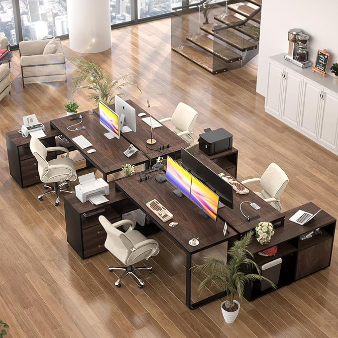 Homieasy L Shaped Desk with File Cabinet & Power Outlet, Reversible 55 Inch Large Corner Computer Desks with LED Strip, L-Shaped Computer Desk with Drawers and Storage Shelves, Espresso