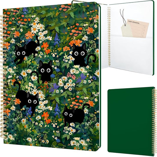 Cute Spiral Notebook journal A4 Aesthetic Pretty Design for Women Girls Kawaii with Pocket, 8.5 x 11 inch, Lined, Cat Garden