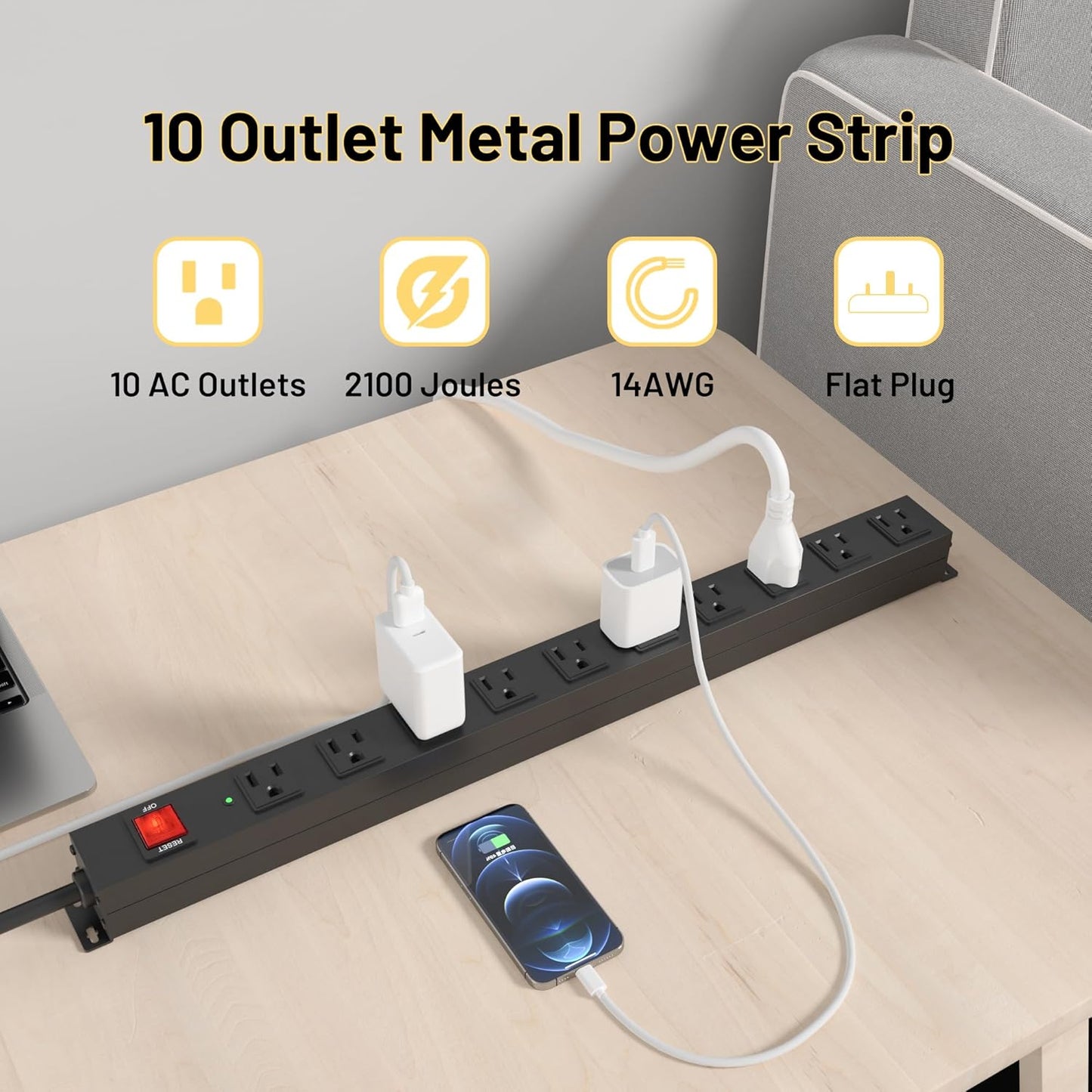 KF 10 Outlet Long Power Strip, Heavy Duty Surge Protector with 2100J, 15A/1875W Wall Mount Power Strip with Upgraded Switch, 6FT Extension Cord, Black