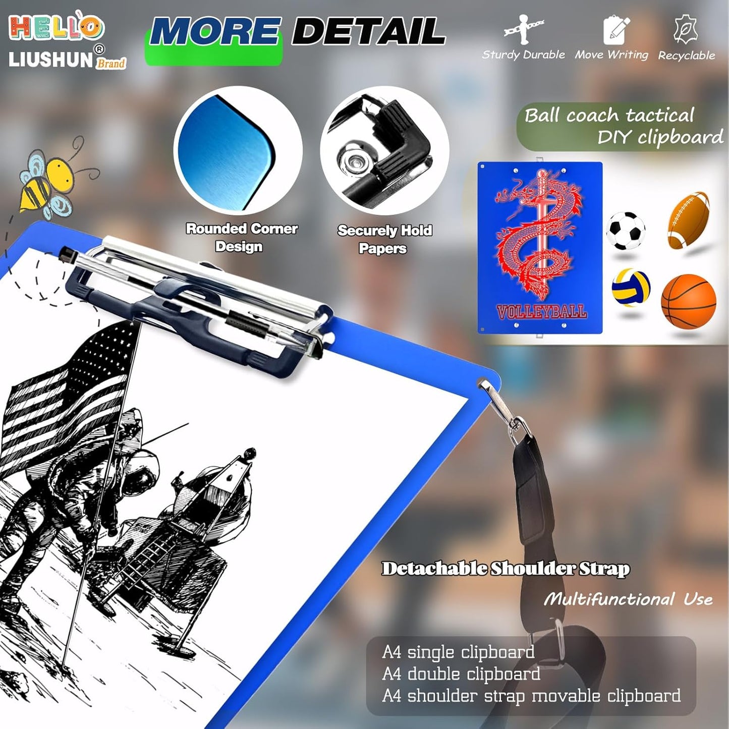 Aluminum Metal Clipboard with Detachable Adjustable Shoulder Strap A4 Double Clip Board Stainless Hangable w/Pen Holder Letter 9" x 12.6" for School Office Business Factory (Blue-with Strap, A4)