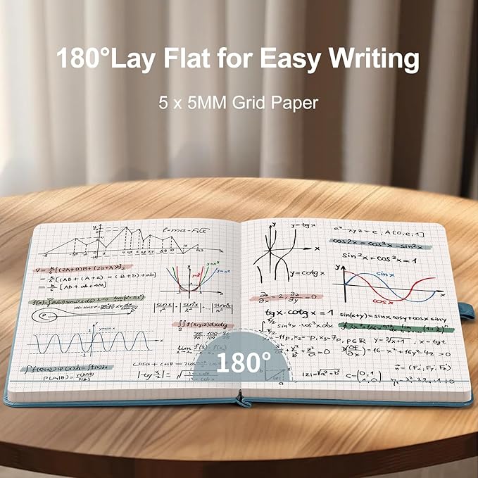 AHGXG Graph Paper Notebook - Grid Notebook Journal A5, 120 GSM Thick Graph Paper, 160 Pages, Leather Hardcover, for Graphing, Writing, Math, Engineering, 5.75'' × 8.38''- Gray Blue