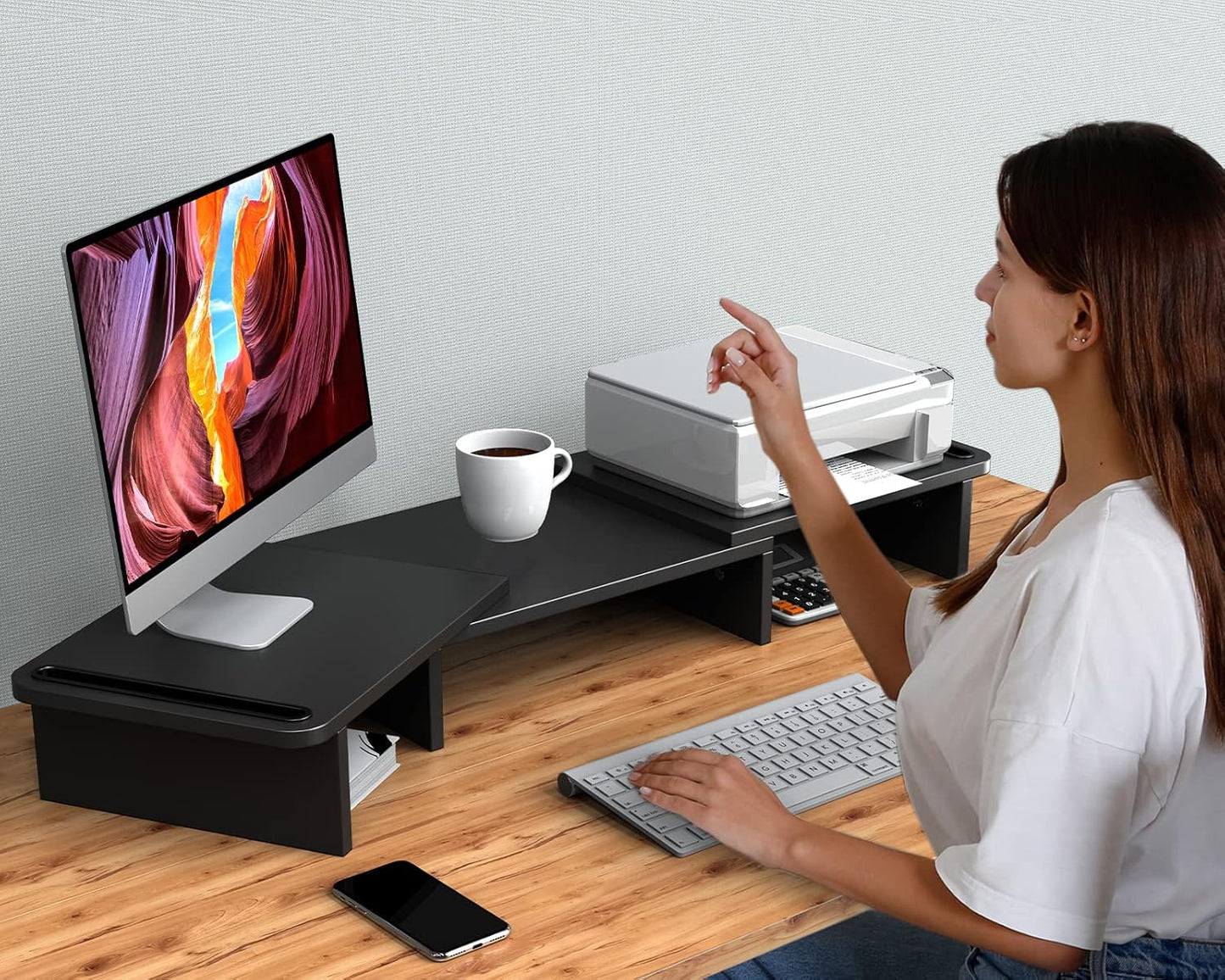 Zimilar Dual Monitor Stand Riser, Monitor Stand with Adjustable Length and Angle, Wood Monitor Stand for Desk, Monitor Riser for 2 Monitors with Storage Space