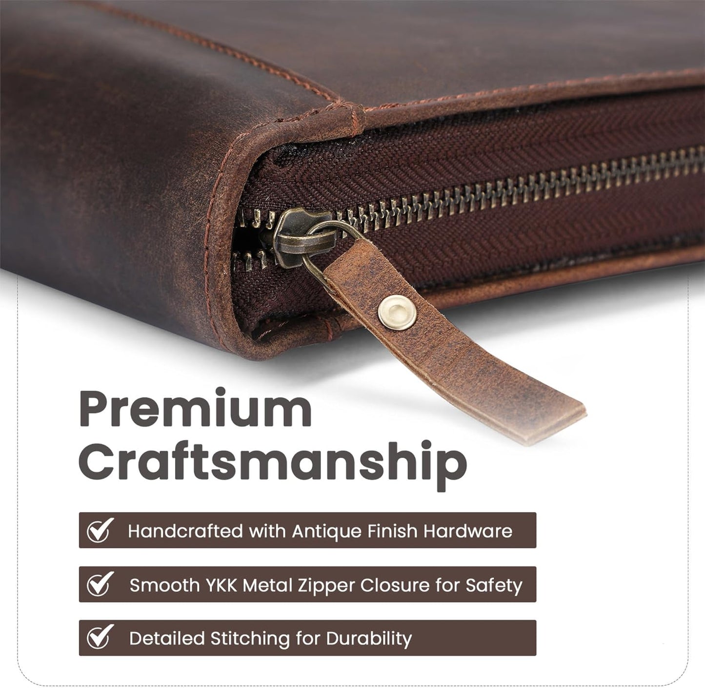 Premium Leather Portfolio Organizer with Zipper - Brown Business Padfolio with Card Slot, Document Holder, Pen Loops | Leather Padfolio with 3 Rings Binder Legal Pad Holder Podfolio for Men & Women