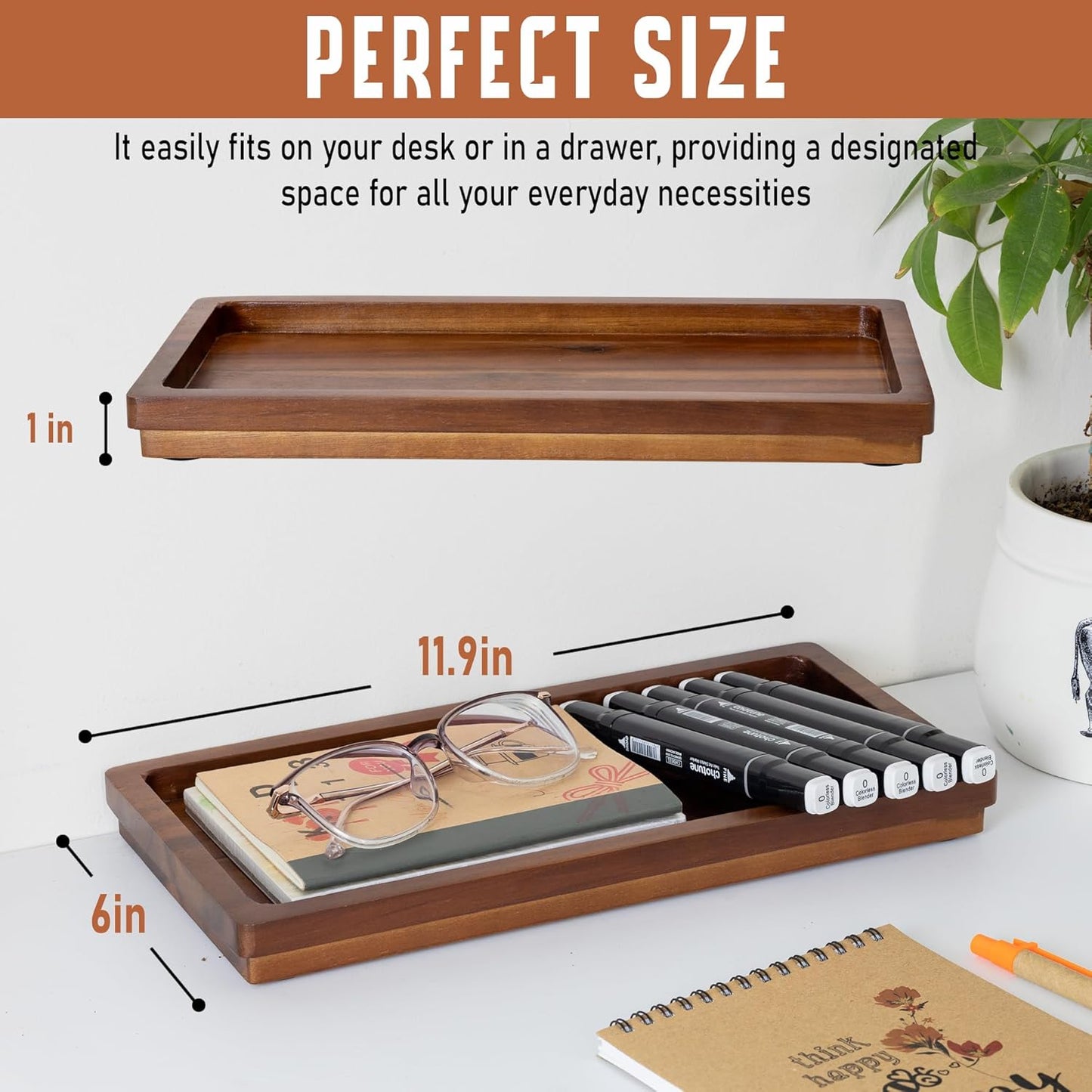 Demigo Acacia Wood Valet Tray & Catchall (11.9x6x1 inch) - Wooden Desk Organizer for Office Supplies, Keys, Wallet & Mail - Entryway & Nightstand Decor