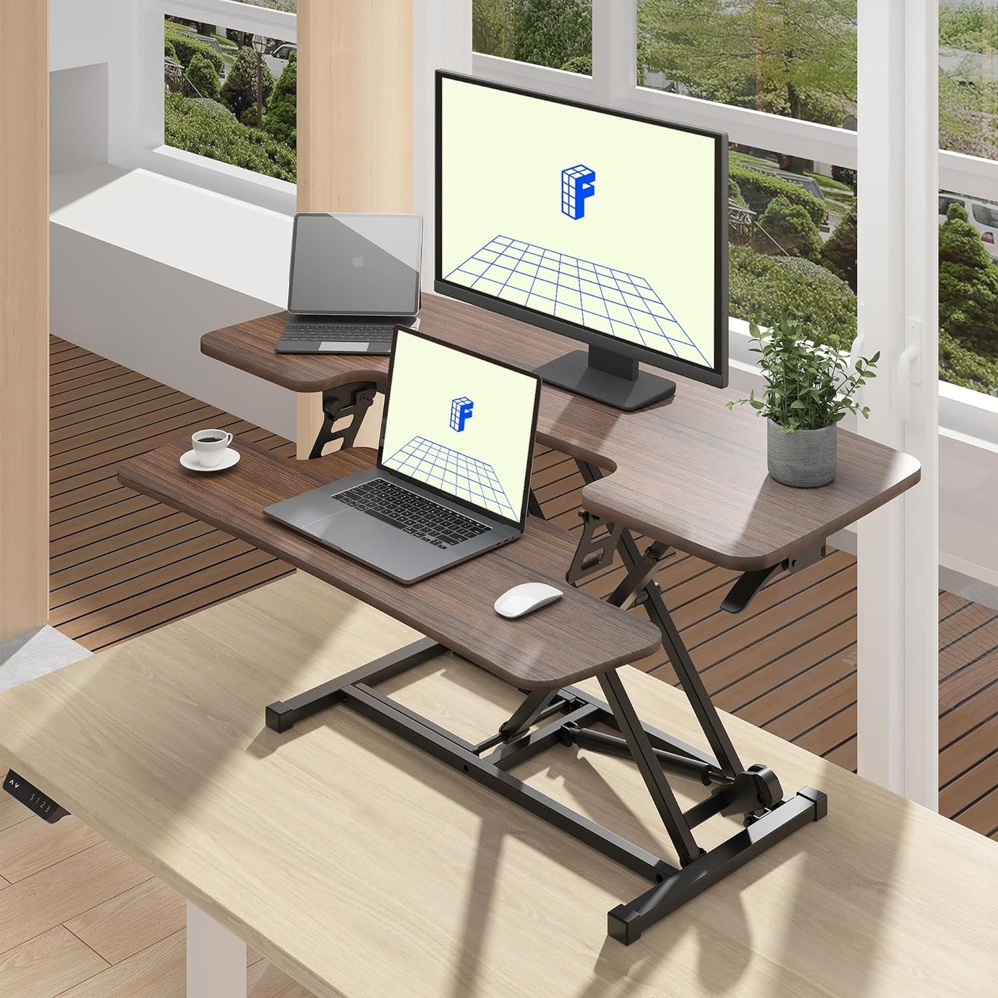 FLEXISPOT 42" Height Adjustable Standing Desk Converter Sit-to-Stand Desk Riser for Home and Office Computer Workstation with Wide Keyboard Tray, Walnut Color