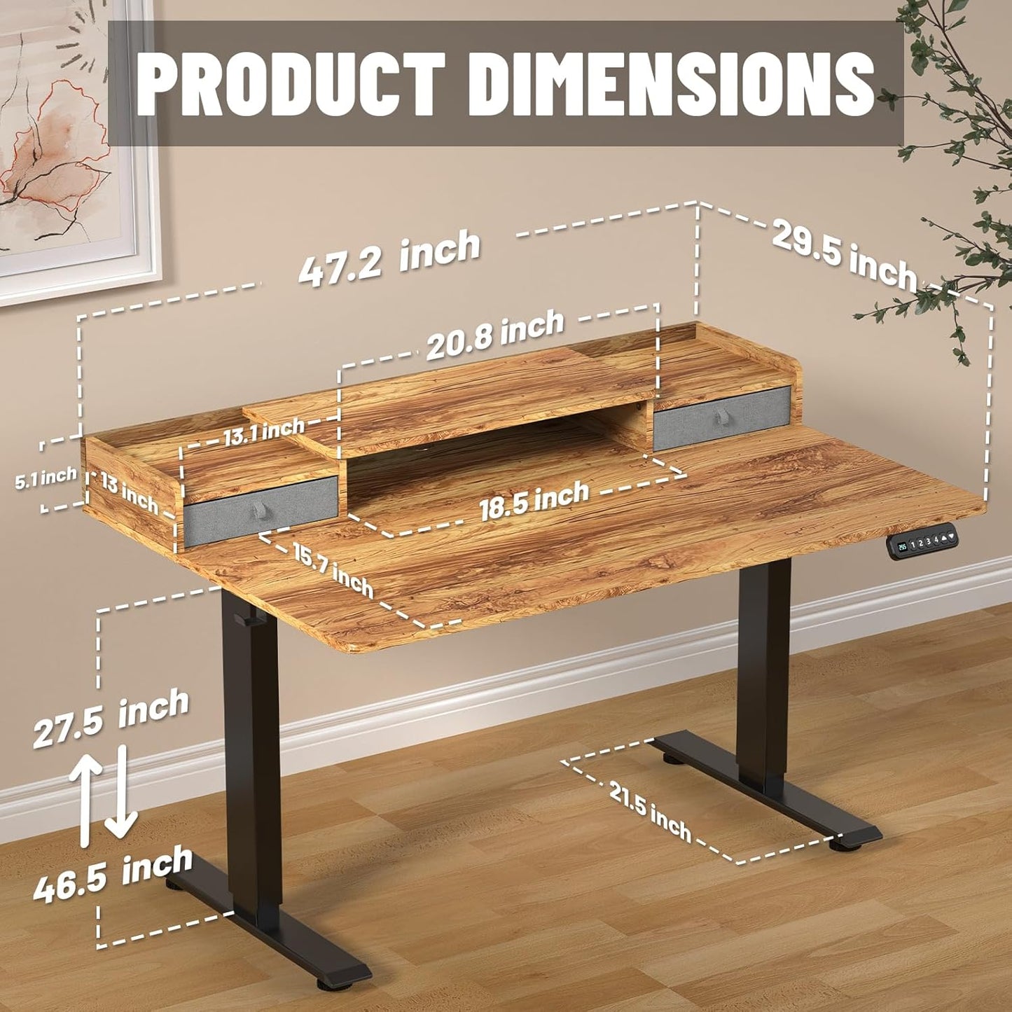 48 x 30 Inch Electric Standing Desk with 2 Drawers, Adjustable Height Widened Stand Up Desk with Storage, Sit to Stand Ergonomic Workstation for Home Office, Light Rustic