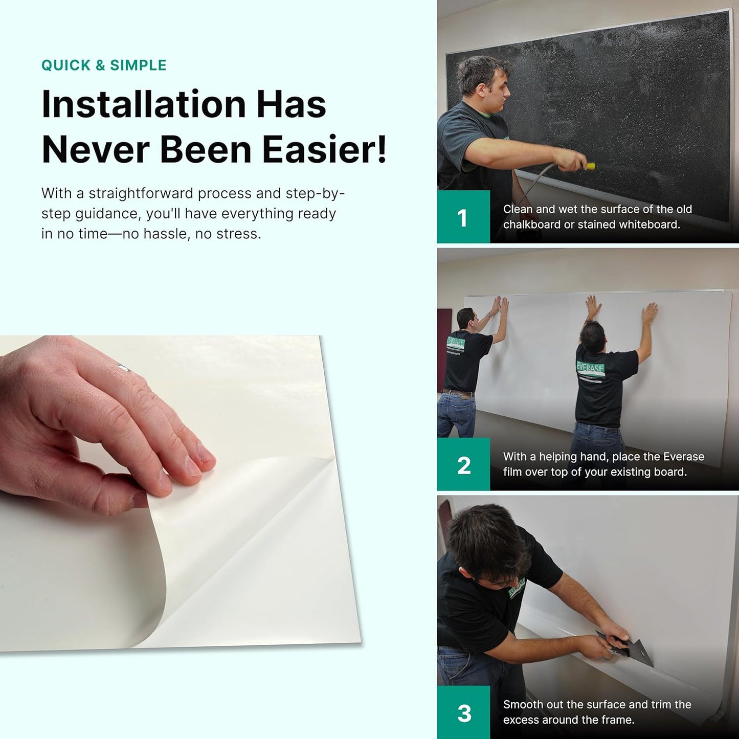 Everase Dry Erase Whiteboard Resurfacing Film Roll (100 ft. x 50") – Peel & Stick, Converts Chalkboards & Stained Whiteboards, Durable, Scratch/Stain-Resistant, Eco-Friendly, Refinish in 30 Mins.