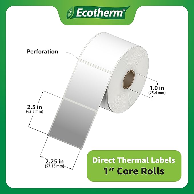 2.25" x 2.5" Thermal Labels | 4 Rolls | 2400 Labels | fits Zebra, Munbyn, Rollo, Godex, Arkscan, iDPRT, Offnova Thermal Label Printers and More | Blank White Adhesive Stickers by Ecotherm