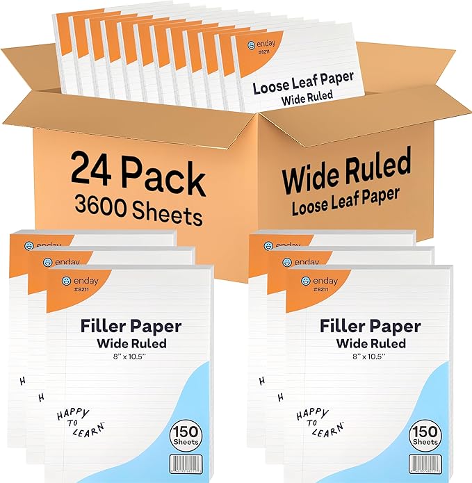 Loose Leaf Paper Bulk, 3600 Sheets, Wide Ruled (24 Pack) 150 Sheets Per Pack, 8" x 10.5" White Filler Paper, 3 Hole Punched Binder Paper for 3 Ring Binders, Notebook Paper - By Enday