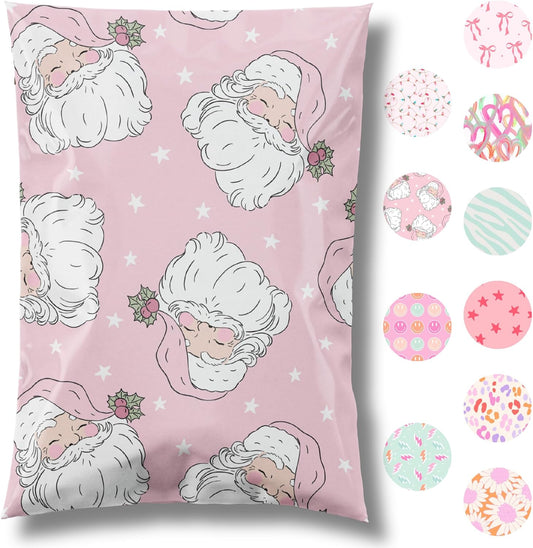 10x13 Designer Christmas Holiday Poly Mailer 100 Pack Heavy Duty Waterproof Self Seal Shipping Bags Large Mailing Envelopes Bulk Tear Resistant Cute Packaging Pink Santa