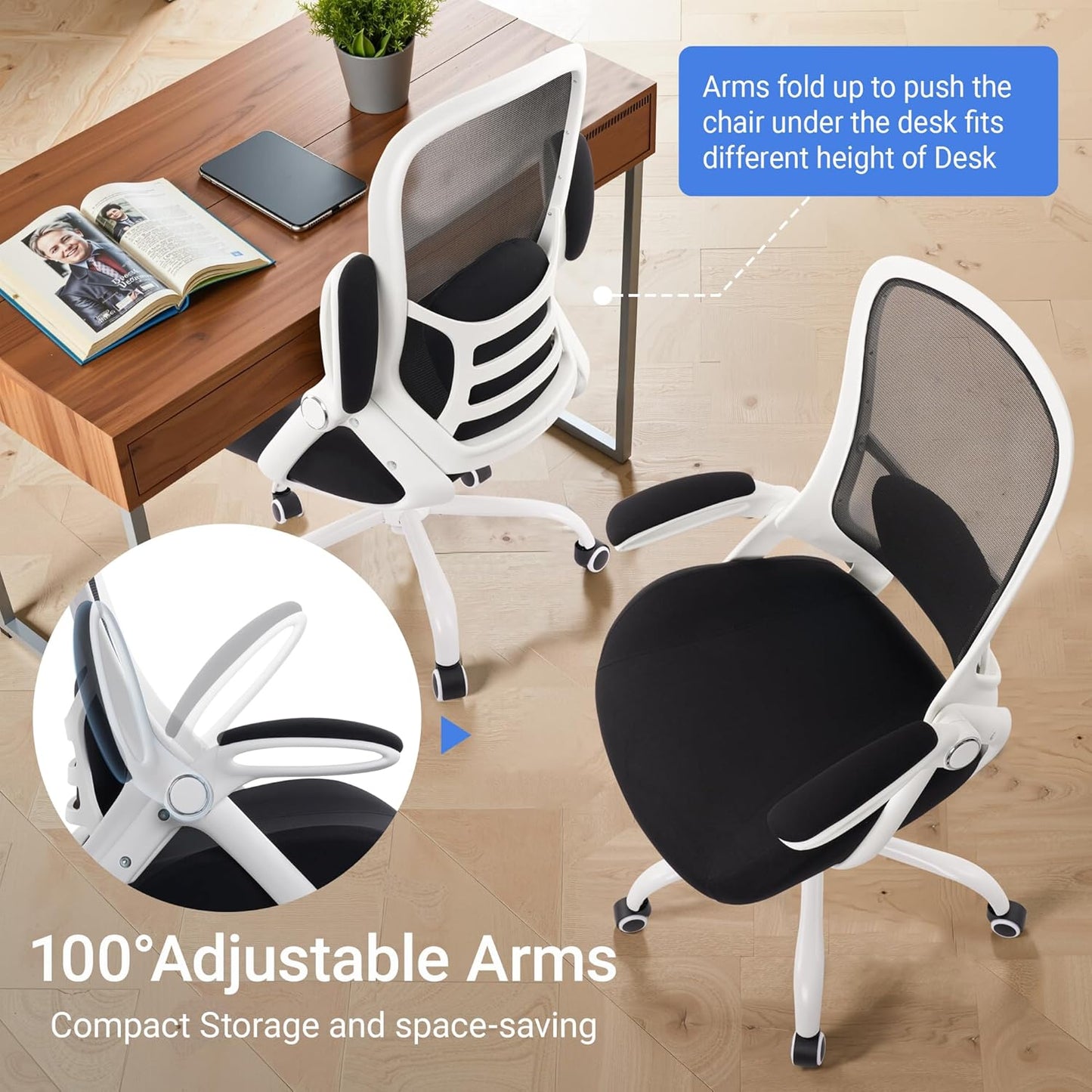 HYLONE 400lbs Heavy Duty Office Chair, 5" Thickened Seat Ergonomic Desk Chair with Adjustable Armrests, Home Office Computer Chairs for Long Hours Mesh Executive Chair(White Base&Black)