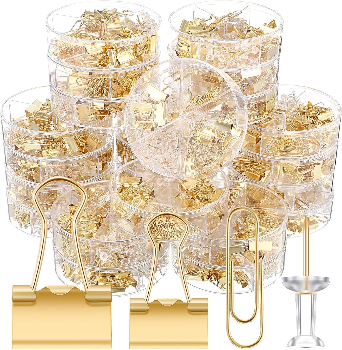 1560 Pcs Paper Clips and Binder Clips Assorted Sizes, Large Medium Small Binder Clip Paperclips Thumb Tacks, College Supplies Home Office Supplies Document Organizing(Gold)