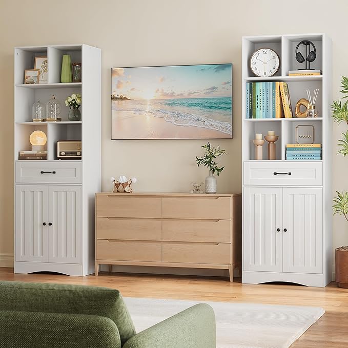 Gizoon Storage Cabinet, 71'' H Kitchen Storage Cabinet with Doors & Drawers, Kitchen Pantry with Adjustable Shelves, Anti-tip, Metal Handle, for Living Room, Office, Bathroom, White