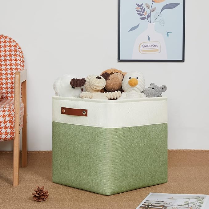 DULLEMELO Storage Baskets for Organizing, Linen Closet Organizers and Storage Baskets for Dog Toy Box, 13 Inch Decorative Cube Storage Bins with handle for Baby Gift Basket(4 Pack - 13" White&Green)