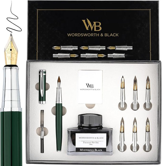 Wordsworth & Black Calligraphy Pen Gift Set, Includes Bottle, 6 Cartridges, Refill Converter, 6 Replacement Nibs, Premium Package, Journaling, Smooth Writing Pens [Green Chrome]