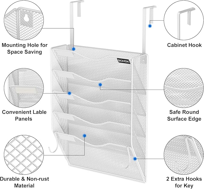Wall File Organizer, 5 Tire Hanging File Folder Organizer, Vertical Mesh Metal Door/Wall Mount Hanging File Holder, Paper Document Magazine Rack with Hooks for Home Office White