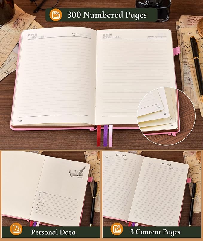 Vintage Leather Journal - 300 Page Lined Journal Notebook with Numbered Pages,A5 Notebook for Women Men,Travel Diary,Daily Journal for Writing, Note Taking, School & Work (5.8" x 8.3")