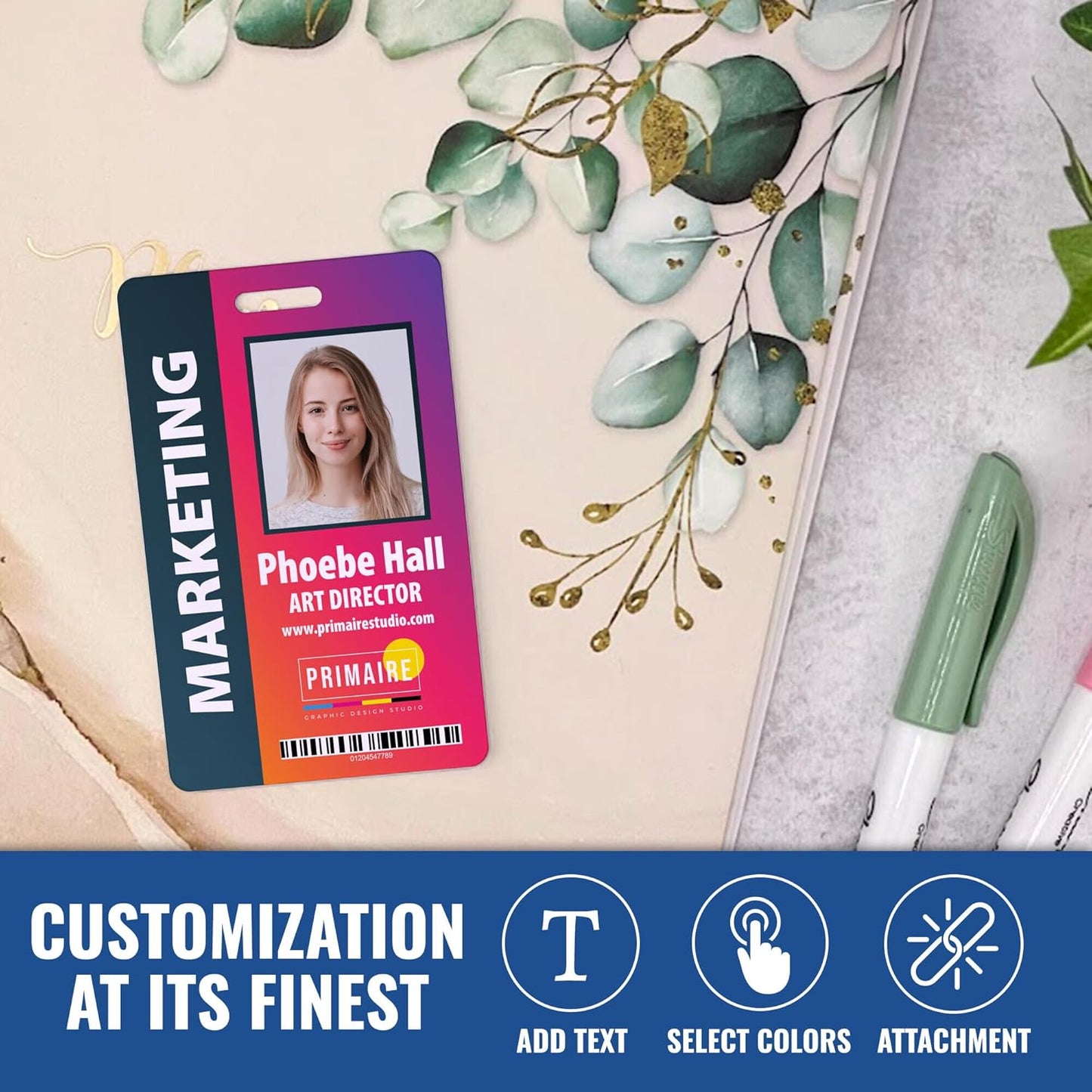 Custom Print Employee ID Badge with Vertical Side Text, Double Sided Print with Name, Photo, Logo, and Barcode – Unique Photo ID Card Solution (ID Vertical)