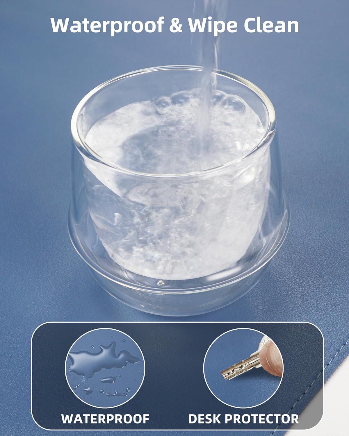 Large Desk Pad Mat - Waterproof Mouse Pad & Desk Protector, Non-Slip XL PU Leather Gaming Mat for Keyboard/Mouse, Stitched Edge with Ergonomic Support, 47"x17" (Blue Grey)