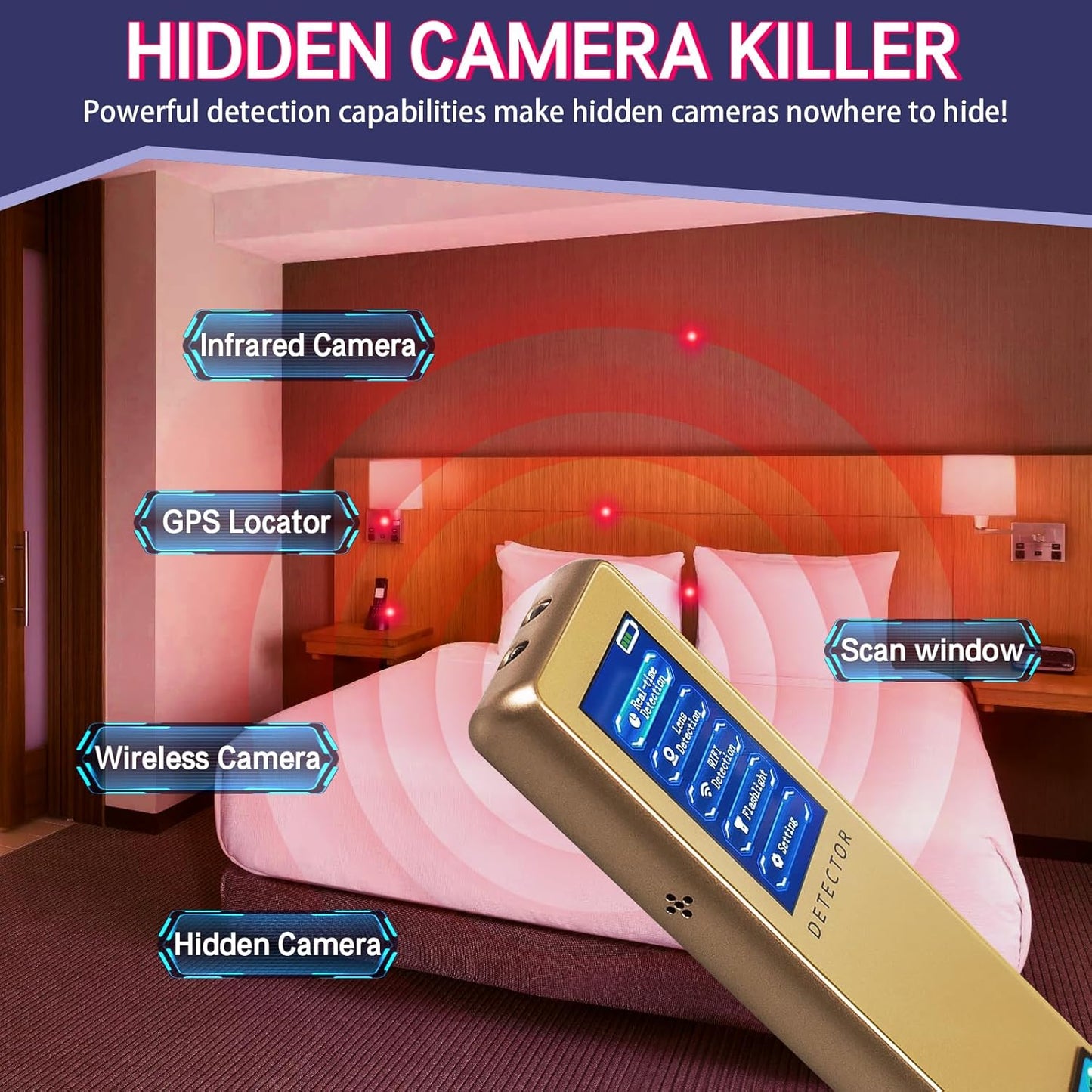 Hidden Bug Camera Detector,GPS Tracker RF Signal Scanner Listening Devices Finder Wireless for Travel,Car, Bathroom,Office, Hotel (Golden)