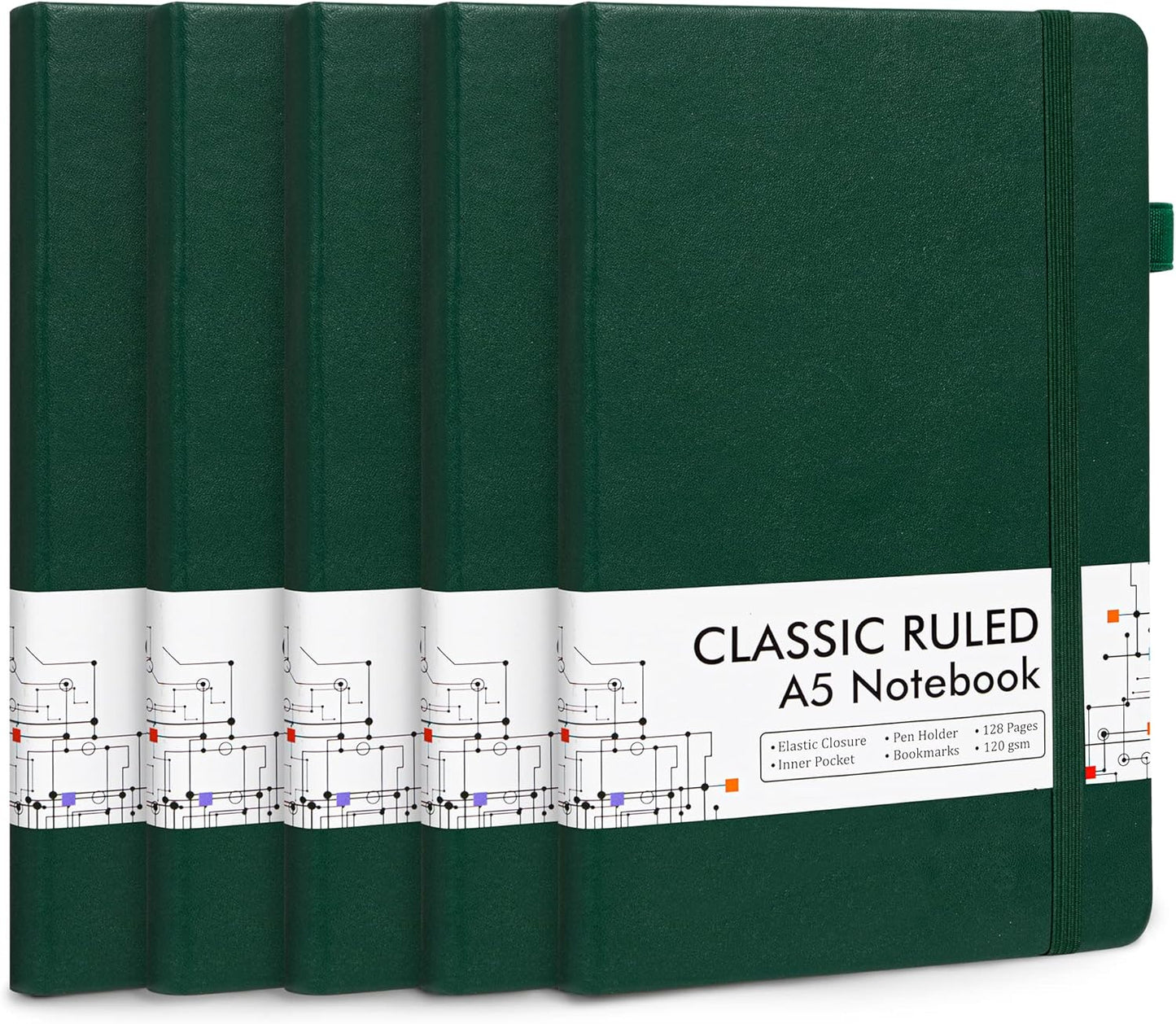 feela 5 Pack Journal Notebook Bulk for School, Hardcover Business Notebooks Classic Ruled Lined Journals with Pen Holder for Work Note Taking, with 5 Black Pens, 120 GSM, 5.1”x8.3”, A5, Dark Green