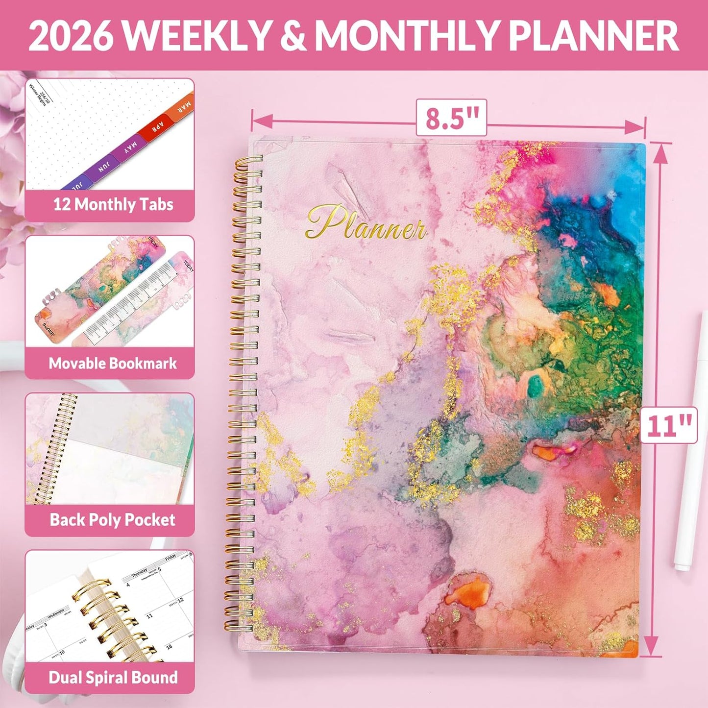 SUNEE 2026 Weekly and Monthly Planner - from January 2026 - December 2026, 8.5"x11" Daily Agenda Planner with Monthly Tab, Flexible Cover, Note Pages, Pockets, Bookmark, Spiral Binding, Pink Marble
