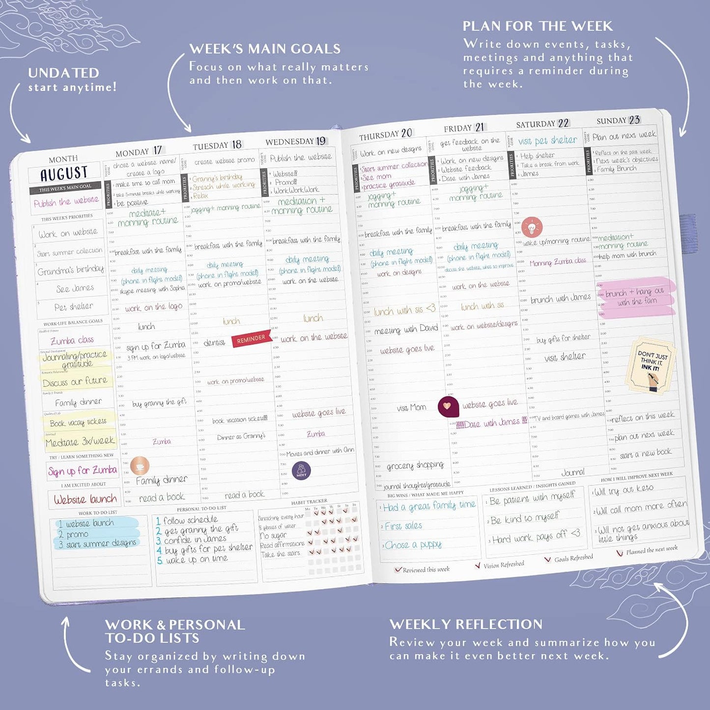 Legend Planner PRO Hourly Schedule - Weekly & Daily Organizer with Time Slots. Appointment Book Journal for Work & Personal, A4 (Periwinkle)