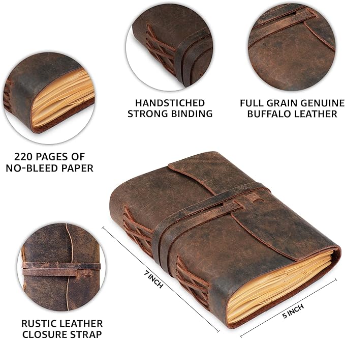 LEATHER VILLAGE Leather Bound Journal - Rustic Brown, 7"X5", 220 Pages - Vintage Blank Paper Diary for Writing, Drawing, Sketchbook, and Travel Notebook - Ideal for Women and Men
