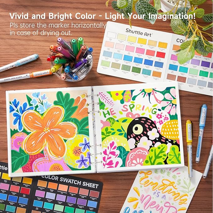 Shuttle Art Automatic Ink Control Acrylic Paint Markers, 48 Colors Brush Tip Acrylic Paint Pens for Rock Painting, Ceramic, Wood, Canvas, Glass, Stone, Fabric, Card Making, DIY & Art Supplies
