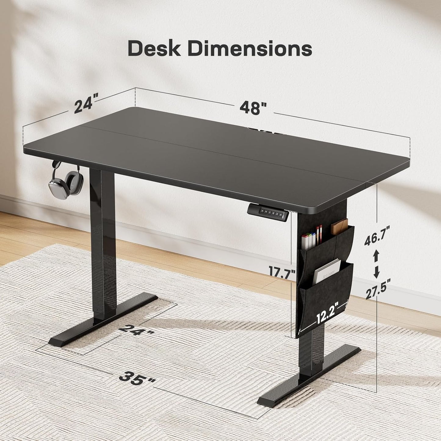 Marsail 48x24 Electric Standing Desk - Adjustable Height Computer Desk with Memory Presets, Storage Bag & Cable Management for Home Office & Gaming Workstations