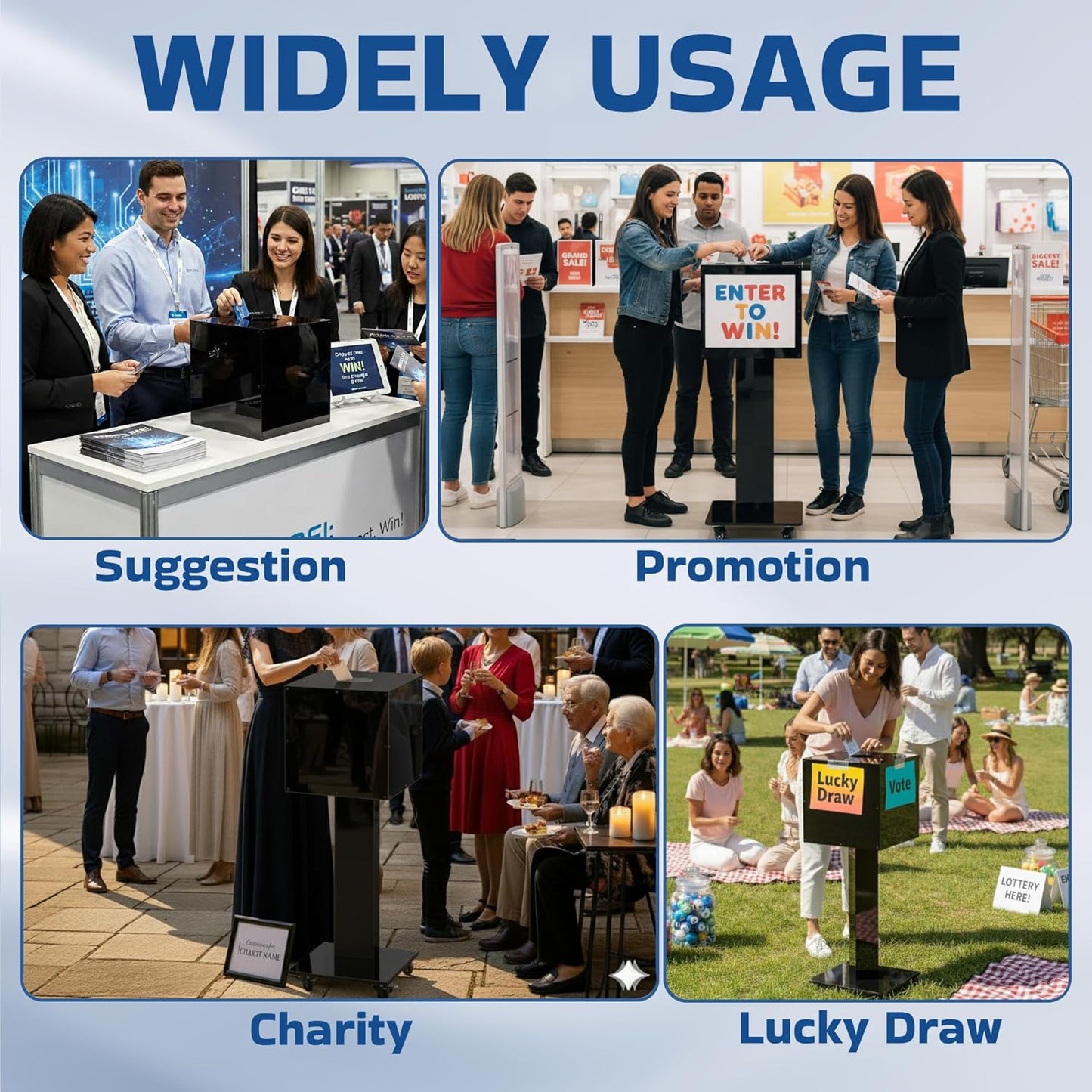 MOOFI Acrylic Suggestion Box with Lock and Key for Office, Home, Event Donation with Stand for Charity Church Collection Offering/Raffle Ballot Box with Sign Holder Display Stand (RaffleBox)