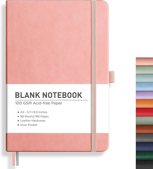 RETTACY Blank Journal Notebook, 192 Pages, A5 Medium Size (5.7'' x 8.3''), Leather Hardcover, 100 GSM Thick Paper, for Sketching, Drawing, Painting (Pink)