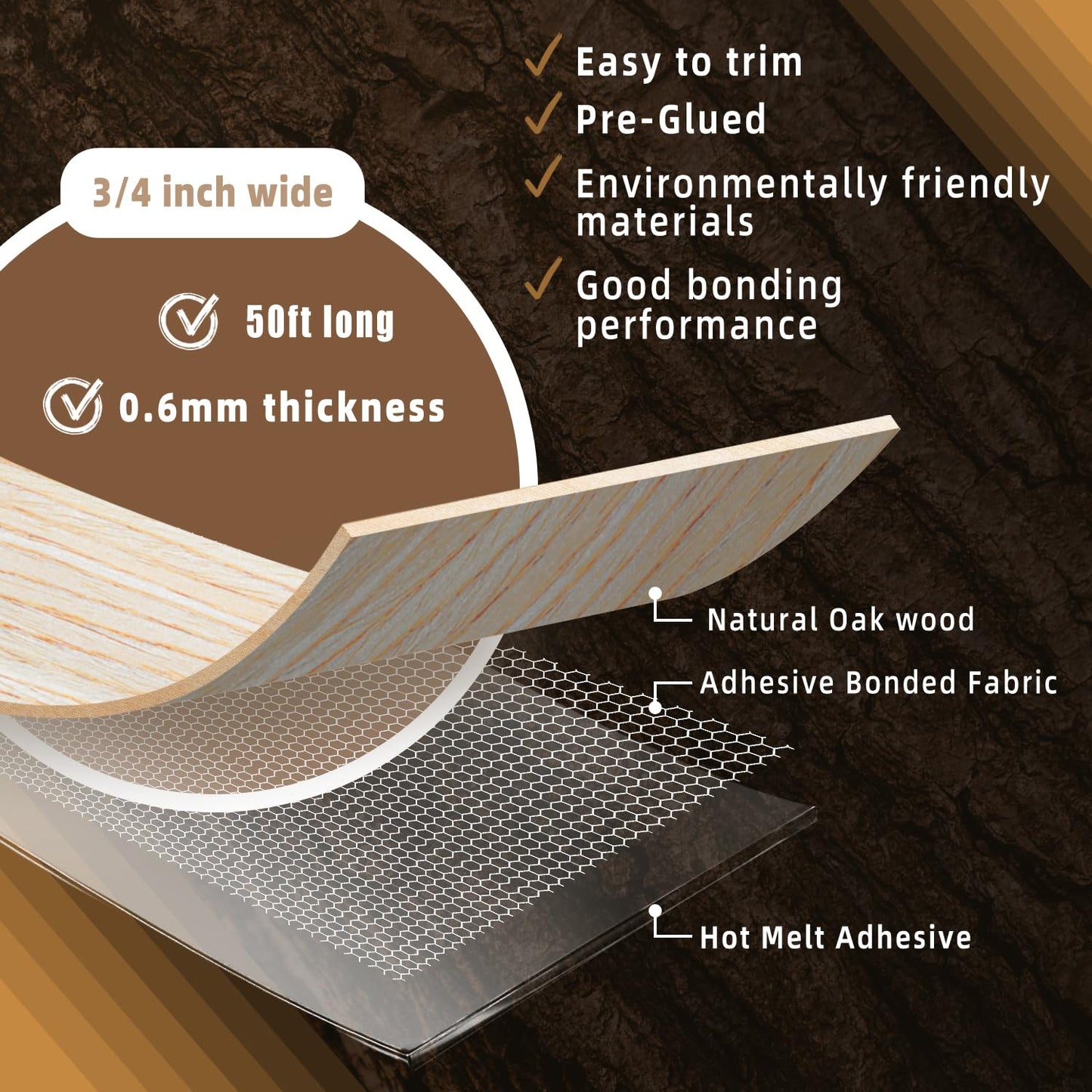 GSCIT Club Oak Edge Banding, 3/4 inch x 50ft roll of Veneer Edge Banding Preglued Flexible, Real Wood Tape Banding