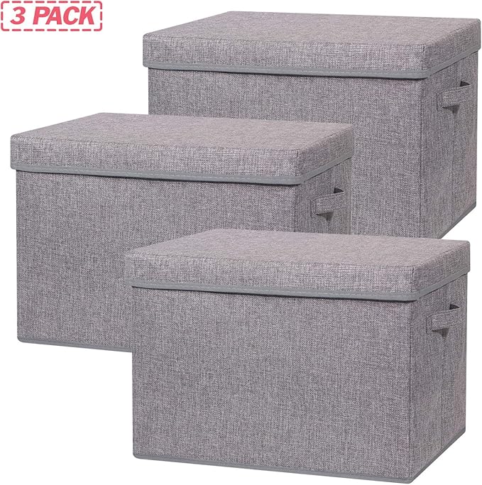 3 Pack Large Foldable Storage Box with Lids Fabric Storage Cube Organizer Cloth Containers Bins Baskets for Closet Clothes Clothing Bed Room