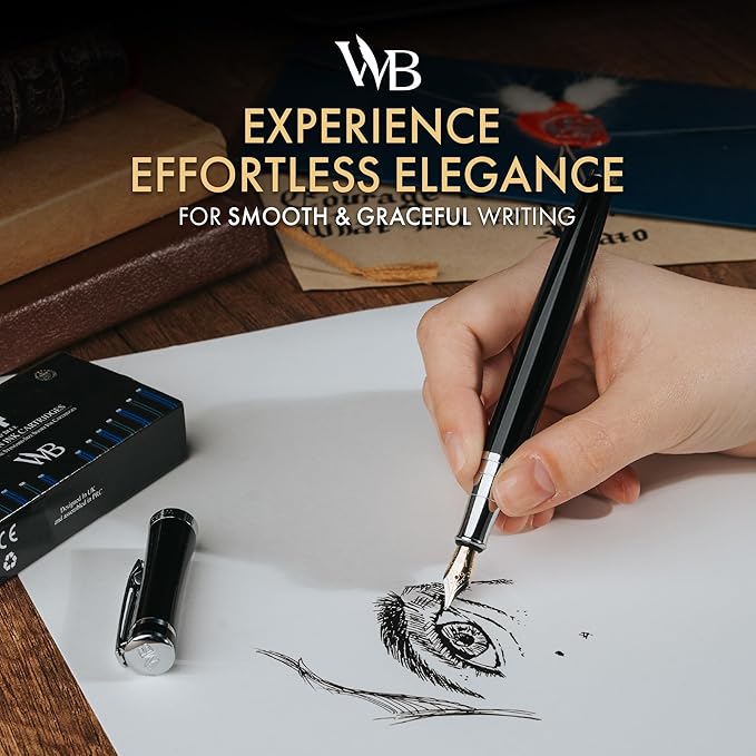 Wordsworth & Black Fountain Pen Set, 18K Gilded Extra Fine Nib, Includes 24 Pack Ink Cartridges, Ink Refill Converter & Gift Box, Chrome Finish, Calligraphy, [Black Chrome], Perfect for Men & Women
