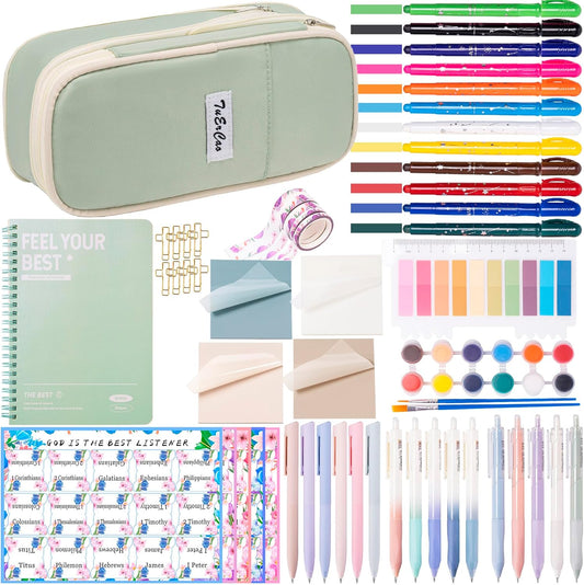 No Bleed Bible Highlighter Pen Set Study Supplies for Women - Pencil Pouch,12 Highlighters with 75 Tabs, 16 Gel Pens ( Black & Color Ink ) Notebook - Bible Journaling Catholic Christian Gift, Green