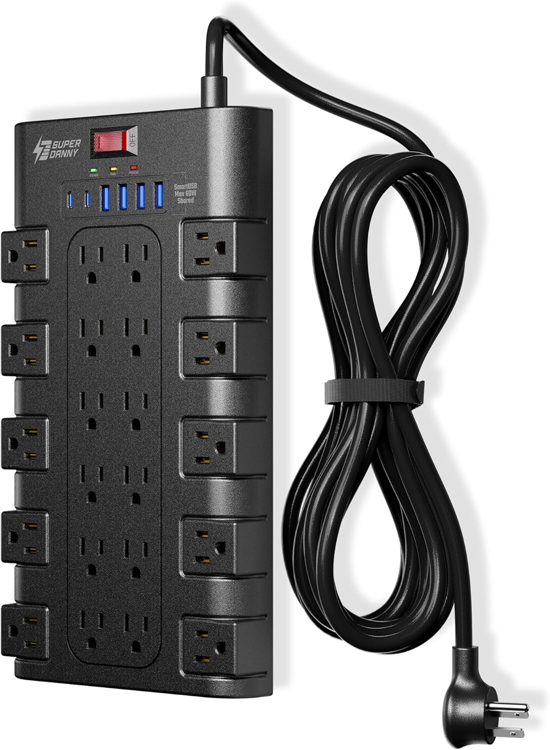 Surge Protector Power Strip, SUPERDANNY Charging Station 22 Outlets with 45W Type-C Fast Charging USB Ports, 4 USB-A, 2 USB-C, 2100J, 15A/1875W, 6.5Ft Flat Plug Extension Cord for Home Streaming Black
