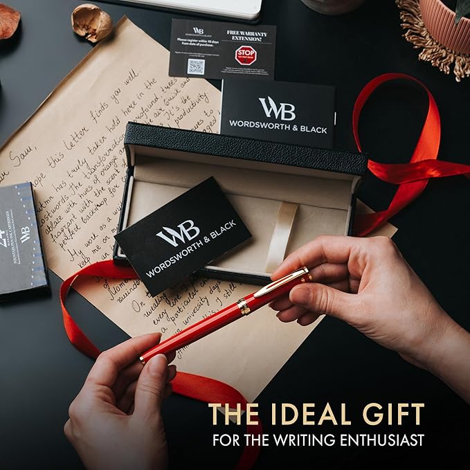 Wordsworth & Black Fountain Pen Set, 18K Gilded Fine Nib, Includes 24 Pack Ink Cartridges, Ink Refill Converter & Gift Box, Gold Finish, Calligraphy, [Crimson Red], Perfect for Men & Women