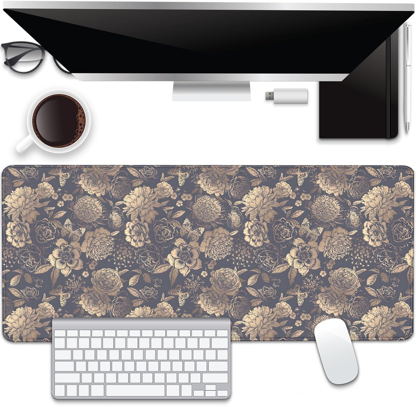 Vintage Roses and Peonies Desk Pad Mouse Pad,Dark Floral Mouse Mat with Stitched Edges,Non-Slip Rubber Base Black Mousepad for Office PC Keyboard Laptop and Home Work Desk Mat(27.5X11.8 in)