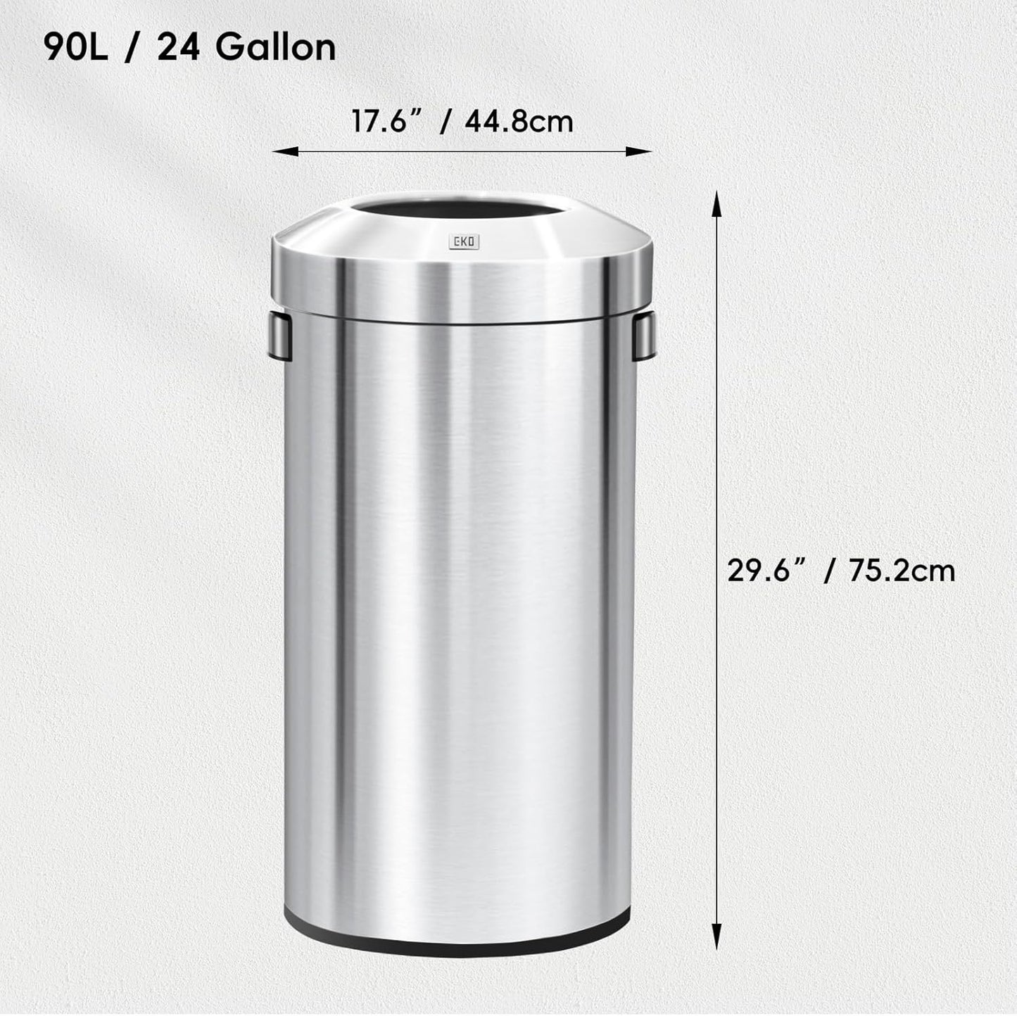 EKO Urban 24 Gallon Round Stainless Steel Open Top Waste Bin, Tall Commercial Trash Can for Indoor/Outdoor, Extra Large Metal Garbage Bin for Office, Restaurant, Restroom, 90L