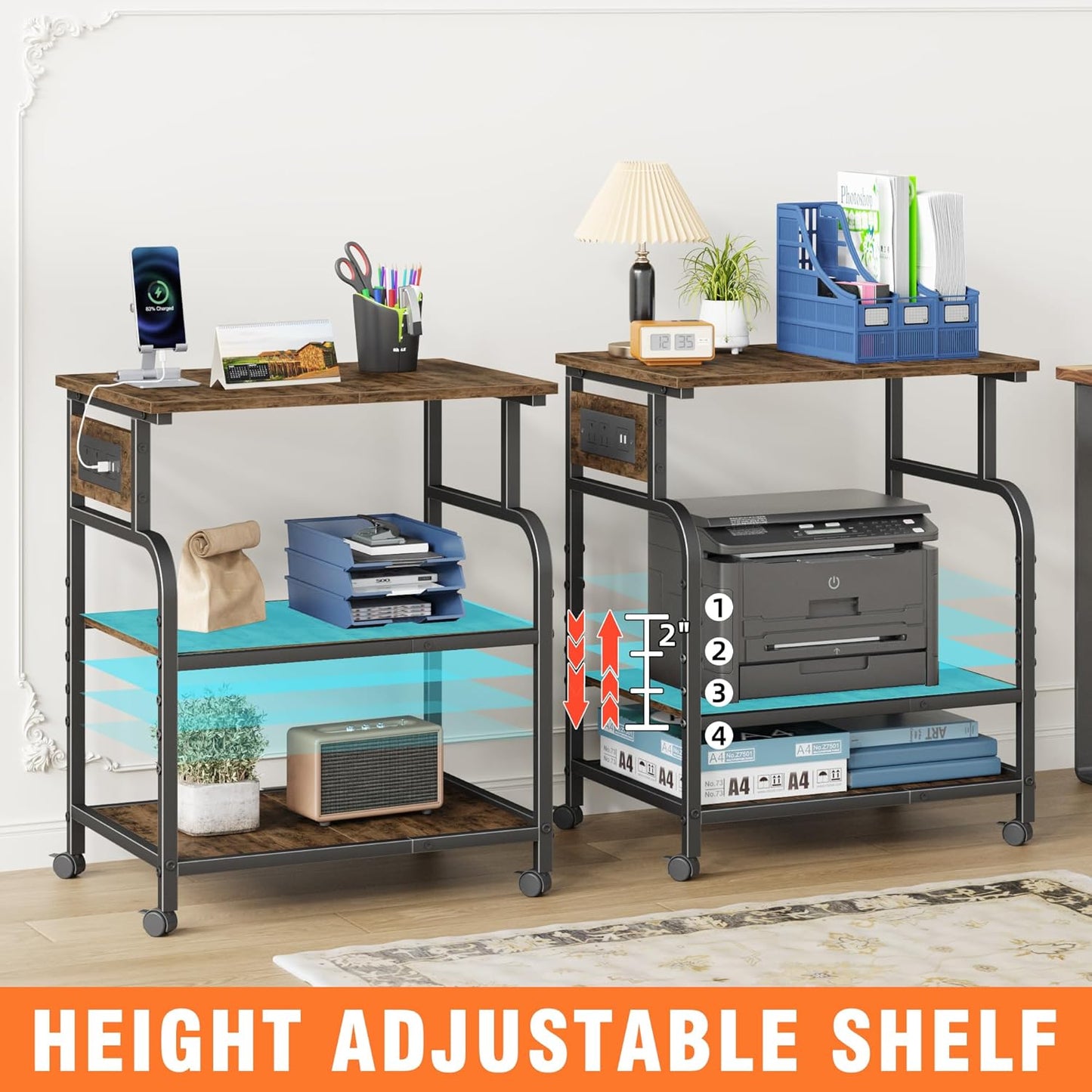 3 Tier Large Printer Stand with Power Outlet/Adjustable Storage Shelf, Rolling Cart with Wheels, Printer Table for Home Office 3D Printer/Heat Press/Laster, 22"×15" Rustic Brown