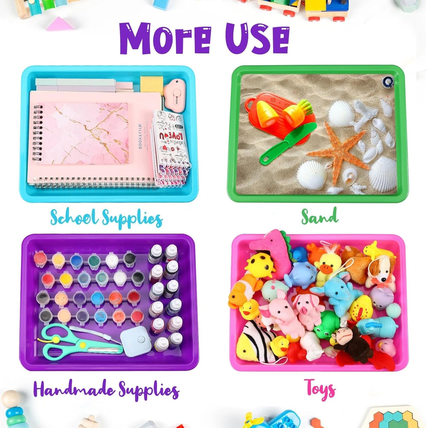 Maitys 24 Pcs Plastic Art Trays 11 x 8.7 x 1 Inch Activity Craft Tray Organizer Serving Tray Stackable Storage Sand Trays for School Painting Beads Crafts DIY Projects(Colorful)