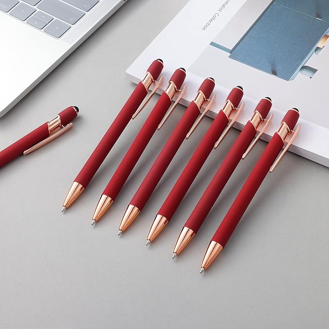 12 PCS 2 in 1 Stylus Ballpoint Pen with Stylus Tip, 1.0 mm Black Ink Metal Pen Stylus Pen for Touch Screens (Rose Gold & Red)