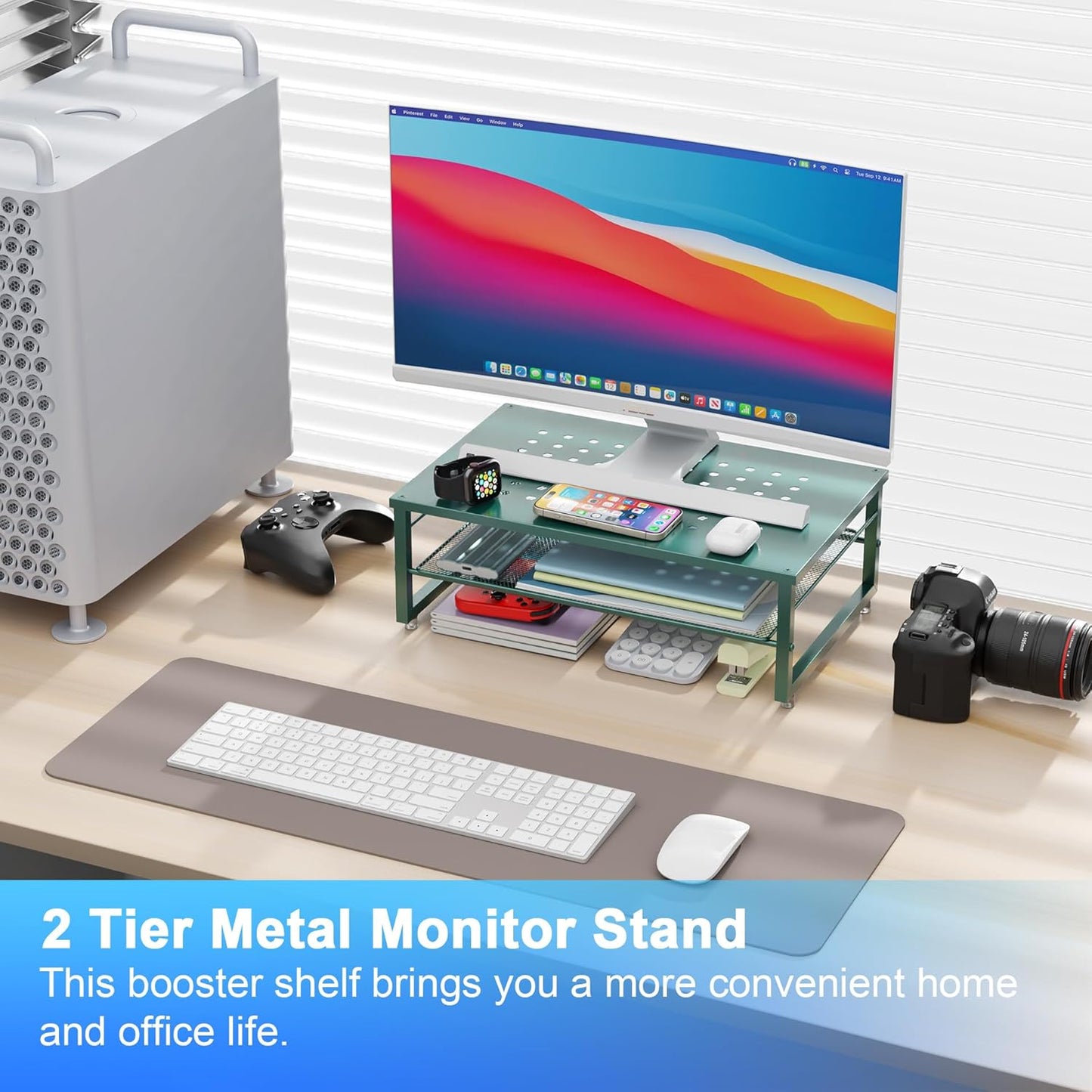 gianotter 2-Tier Metal Monitor Stand Riser, Desk Organizer for Monitor, Office Desk Storage Organizer for Office Supplies (Dark Green)